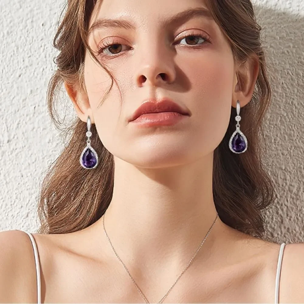 14K White Gold with Purple Amethyst Cubic Zirconia Teardrop Hook Dangle Earrings